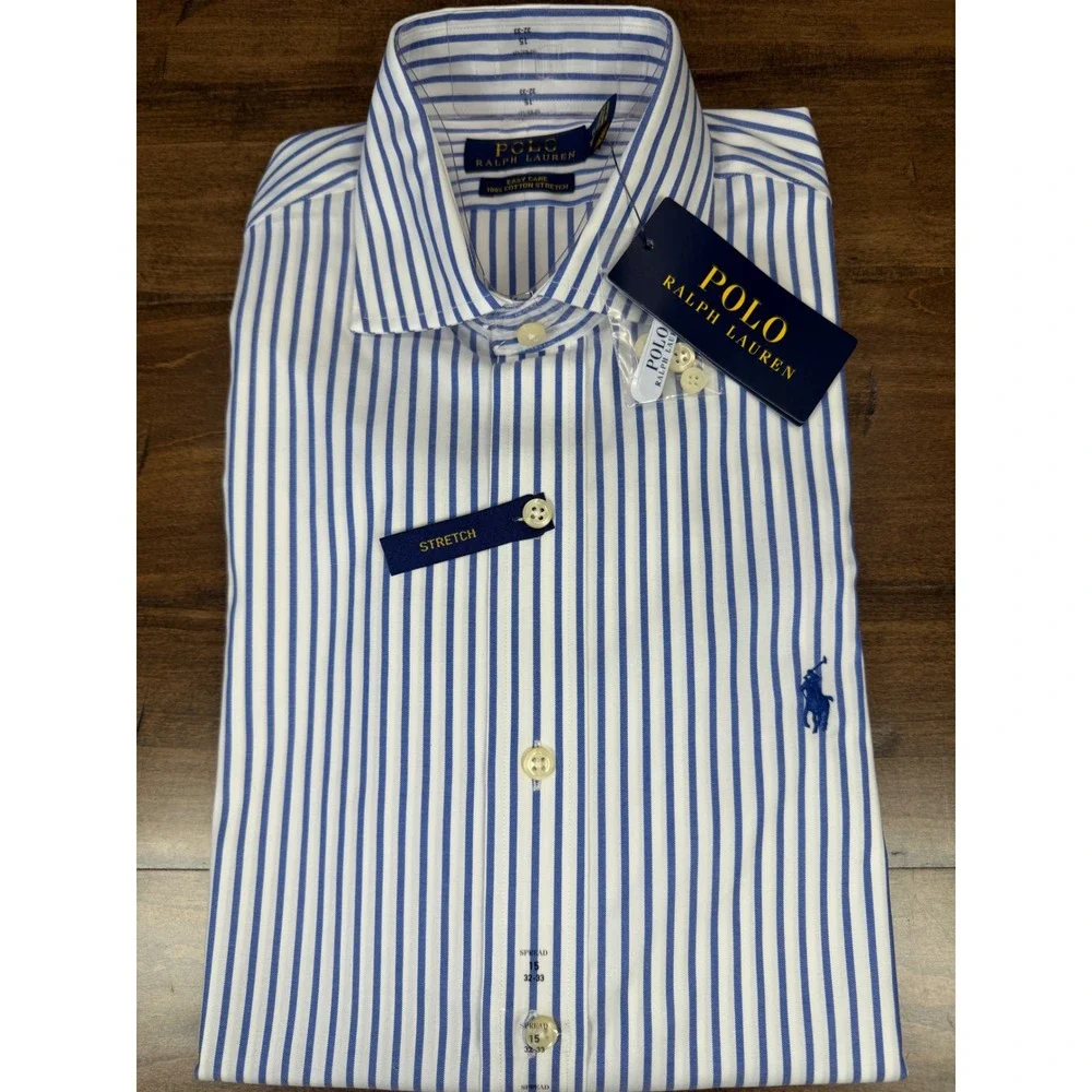 Polo Ralph Lauren Men Dress Shirt 15 32/33 Blue White Stripe Easy Care Stretch